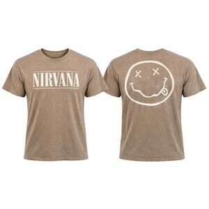 Nirvana Smiley Face Band Tee Size Large Brown Graphic Grunge Rock Shirt